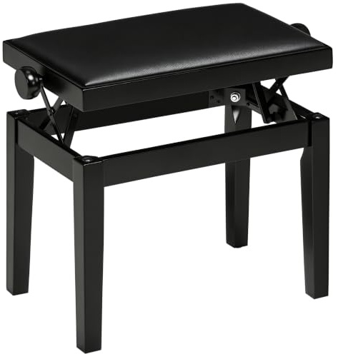 HOMCOM Klavierhocker Höhenverstellbar in Schwarz 63 x 33 x 45-56 cm | Klavierbank, Mit Lederkissen, Pianobank, Kunstleder, Gummiholz