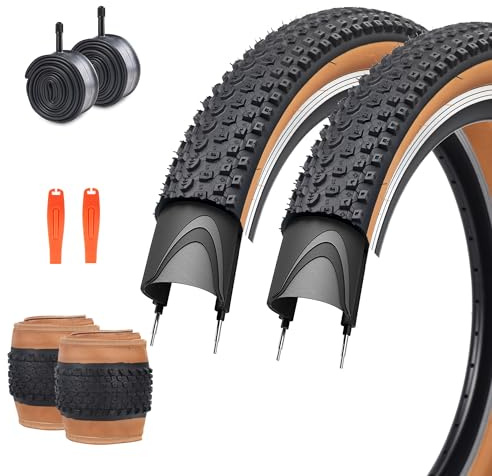ZUKKA 2er-Pack Fahrradreifen 24 x 2,125 Mountainbike Reifen Mantel 57-407 + 2er-Pack Fahrradschläuche Klappbarer Ersatzreifen für MTB Mountainbike, Kinder,Braun