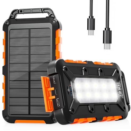 WOWMVP Solar Powerbank 26800mAh, PD15W Tragbare Solar Ladegerät USB C Externer Akku Outdoor Wasserdichtes mit LED-Licht und 3 Ausgängen für Smartphones Tablets Camping (Dunkel Orange)