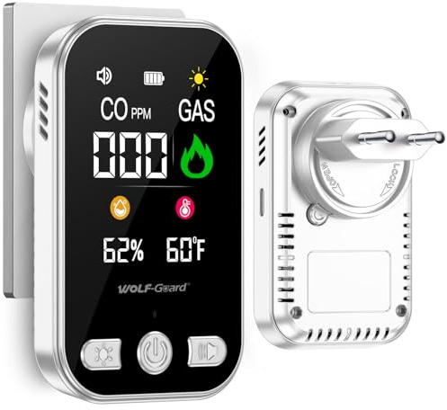 4in1 Gas und CO-Melder mit Stecker Kohlenmonoxidmelder CO-Warnmelder Haus | Gasmelder Brenngaswarnmelder Gasleckmelder für Erdgas LPG Methan Propan Butan, Temperatur- und Feuchtigkeitssensoren HD12