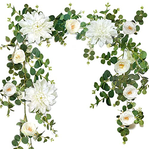 OrgMemory Blumengirlande Grün, Eukalyptus Girlande Deko, 190cm, Hochzeit Blumen, Bünstliche Blumengirlanden für Hochzeit Tür Dekoration Wand Hängende Pflanze (Weiß)