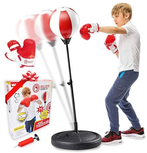 Whoobli Boxball für Kinder inkl. Boxhandschuhe, 3 - 10 Jahre, verstellbarer - mit Ständer, Set Spielzeug für Jungen und Mädchen (Rot-Weiß)