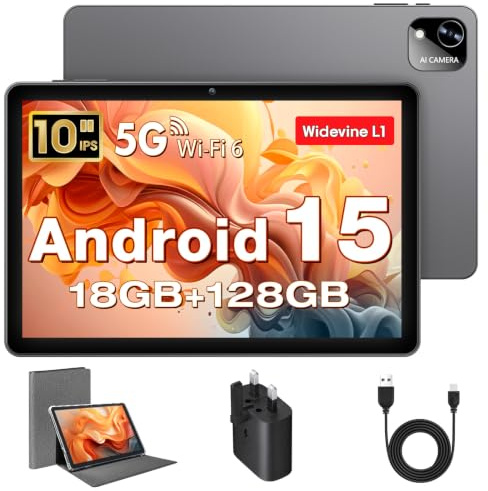 Tablet 10 Zoll, Android 15 Tablets mit Hülle, Unisoc T30 Quad-Core, 18 GB RAM + 128 GB ROM + 1 TB TF, 1280x800 HD IPS Display, 5MP + 8MP Duale Kamera, 6000 mAh, WiFi 6, BT 5.0, Widevine L1 (K302)