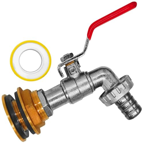 MegaHaustechnik Regentonnendurchführung Messing für 27mm LochØ AG ¾“, Wandung max. 11mm, Dichtband, Auslaufhahn mit Schlauchtülle AußenØ 15mm, Fass Verschraubung Tank