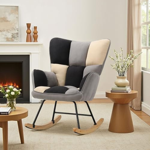 DARDVORLAG Samt-Schaukelstuhl Beige Grau Schwarz – Ergonomischer Relaxstuhl Chenille-Samtbezug, gepolsterter Sitz Schwingsessel Holz-Kufen Designer-Schaukelsessel für Wohnzimmer & Schlafzimmer