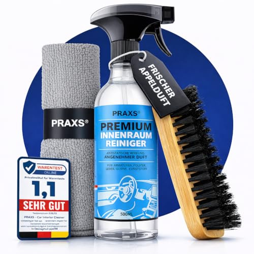 PRAXS® Innenraumreiniger Auto 500ml (+ Bürste und Tuch) – pH neutraler Auto Innenraum Reiniger für Cockpit, Kunststoff, Leder & Polster – Cockpitpflege, Polsterreiniger Auto & Autositz Reiniger