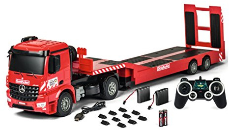 Carson 1:20 Mercedes-Benz Arocs Goldhofer 2.4G 100% RTR, Ferngesteuertes Fahrzeug, Baufahrzeug mit Funktionen Licht und Sound, inkl. Batterien und Fernsteuerung, rot