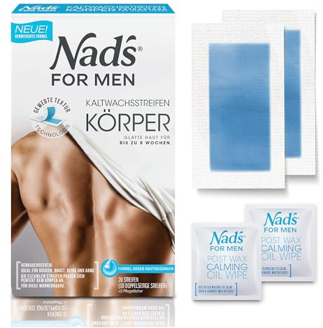 Nad's for Men Kaltwachsstreifen – 20 Vliesstreifen zur Depilation mit Warmwachs und Zuckerpaste-Alternative – Körperwachsstreifen für Männer – Intimbereich, Rücken, Brust & Beine