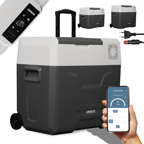 Arebos Kompressor Kühlbox mit Rollen | 27 Liter | bis -20°C | Gefrierbox | App-Steuerung, Mini Kühlschrank, Camping, Auto, Autokühlbox, Kühltasche, 230 V, Mobil, Tragbar, Isoliert, Warmhalten, 12/24 V