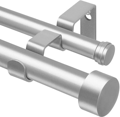 KAMANINA Silber Gardinenstange 2 Läufig 90 to 182 cm, 25 mm Ausziehbar Gardinenstangen, Gardinenstange Doppelläufig mit Einfachen Endkappen für Fenster
