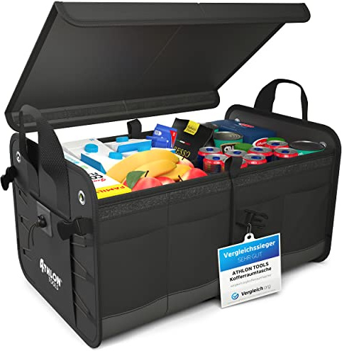 ATHLON TOOLS Premium Kofferraumtasche mit Deckel - 60 Liter | XXL Auto Kofferraum Organizer - XXL Kofferraum-Organizer - Extra stabile & wasserfeste Böden - mit Antirutsch-Klett