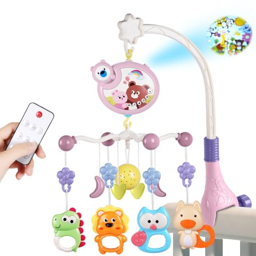 Aolso Babybett-Spielzeug, Mobile für Babybett, Baby Einschlafhilfe Musikspielzeug mit süßen Tieren, Babybett-Mobile mit Musik und Lichtern, Projektor und Fernbedienung (Rosa)