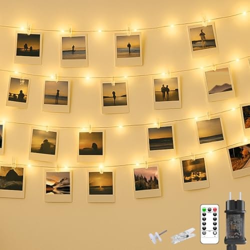 litogo Fotoclips Lichterkette für Zimmer Deko, 5M 50 LED Fotowand Lichterkette mit Steckdose und Fernbedienung, 8 Lichtmodi 30 Klammern Lichterkette Innen Außen Deko für Mädchen Geschenk Weihnachten