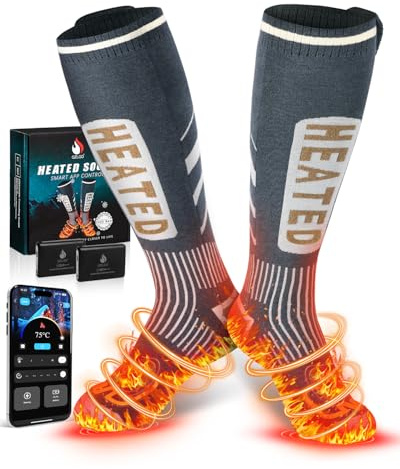 Beheizbare Socken, 5 V 6000 mAh APP-Steuerung Heizsocken, 2025 neues Upgrade +30% Heizfläche, geeignet zum Skifahren, Outdoor, Camping, Wandern und Motorradfahren