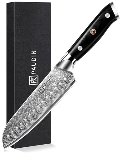 PAUDIN Santokumesser Damastmesser 17 cm, Ultra Scharfes Kochmesser aus 67 Lagen Damaststahl mit japanischem VG10- Kern, Profi Küchenmesser mit ergonomischem G10-Griff