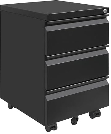 LVSTEEL Rollcontainer, Aktenschrank Abschließbar mit 4 Schlüsseln, Büroschrank aus Metall, Aktenschrank unter Schreibtisch, mit 3 Schublade, Vormontiert, Abschließbarer, Büro, Schwarz