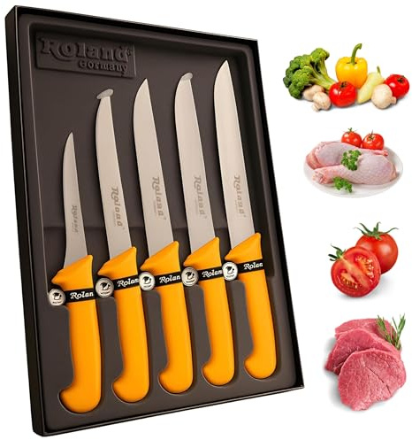 Roland Germany 5-teiliges Metzger Messer Set – Profi-Fleischmesser aus rostfreiem Stahl mit ergonomischem Gelbgriff – Ausbein-, Stech- und Fleischmesser (130 mm – 230 mm)