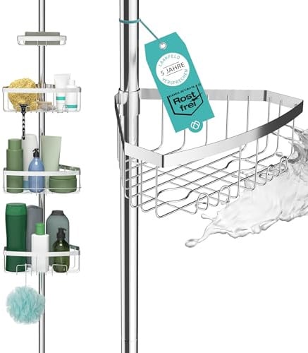 LAAKFELD Teleskop Duschregal mit 3 Fach Anti-Rost Schutz (105-270cm) | Stabiles & flexibles 105-270cm Duschregal Teleskop ohne Bohren - Teleskopregal Bad 4 Körbe - Klemmregal Dusche und Badewanne