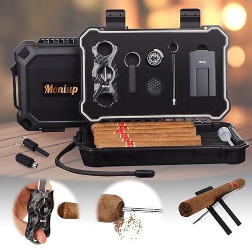 Zigarren Reise Humidor Box Set mit V Cutter, Stanzer, Halter, Schubladenverstärker, Luftbefeuchter & Hygrometer, Tragbares Outdoor Case für Männer