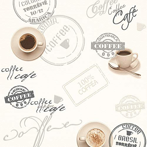 Retro-Tapete Küche | Kaffee-Tapete weiß grau crème | Papiertapete für Küche | Küchentapete Kaffee | Jetzt Cafe-Tapeten online kaufen!