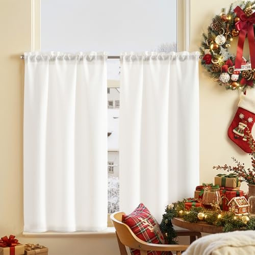 TOPICK blickdicht Scheibengardine Küche Bistrogardine 2er set H90xB70 Weiß | Lichtdurchlässig Küchenvorhänge mit Webstruktur Modern Kurzgardine Küchfenster landhausstil küchengardinen fenstergardinen