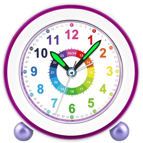 DTKID Wecker Kinder, Kinderwecker Ohne Ticken mit Snooze und Nachtlicht, Analoger Wecker für Jungen und Mädchen, Lernwecker Kinder, Batteriebetrieben (Lila)