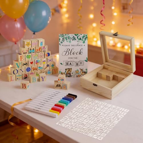 161 Stück Babyparty Spiele Set,Holz Kreativität Baby Shower Spiele mit blöcken Bauklötzen zum Dekorieren, Babyparty Ideen zum Stapeln, Bauen und Malen, geeignet für Partyspiel Holzschild & Holzbox