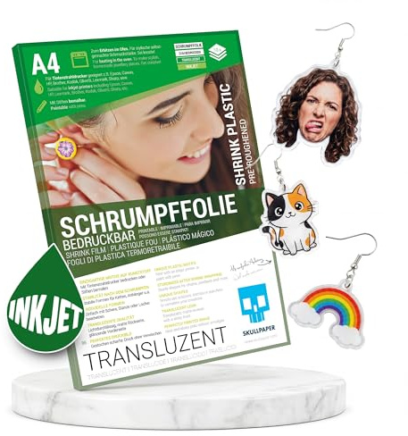 SKULLPAPER® Schrumpffolie - Bedruckbar, Beschreibbar, Bemalbar, Bestempelbar für individuellen Schmuck und mehr (A4-10 Blatt) (Transparent)