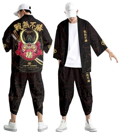 DUHENWU Traditionelles Kimono-Set Herren Japanisch Druck Lose Cardigan Und Freizeithose Sommeranzug Baggy Retro Samurai Kleidung Harajuku Sportanzug Frühling Sommer Activewear Tracksuit
