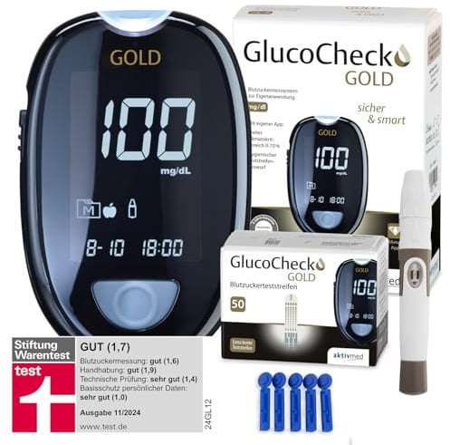 GlucoCheck GOLD Blutzuckermessgerät-Set (mg/dL) mit 60 Blutzuckerteststreifen, 10 Lanzetten, 1 Stechhilfe, 1 Etui, Sparset zur Blutzucker-Selbstkontrolle