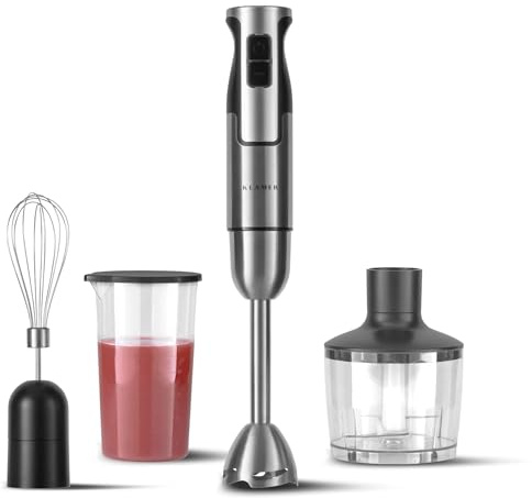 KLAMER Stabmixer Set 800 W – 4-in-1 Pürierstab Edelstahl mit stufenloser Geschwindigkeit & Turbo-Funktion, Zerkleinerer, Schneebesen & Messbecher, ideal für Suppen & Smoothies