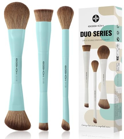 EIGSHOW Pinselset Makeup, 3 Stück Schminkpinsel Set, Makeup Pinsel Set mit Zwei Enden, Weiche Synthetischer Faser Kosmetikpinsel, Geeignet für Flüssige, Cremige & Pulverförmige Produkte (CYAN)