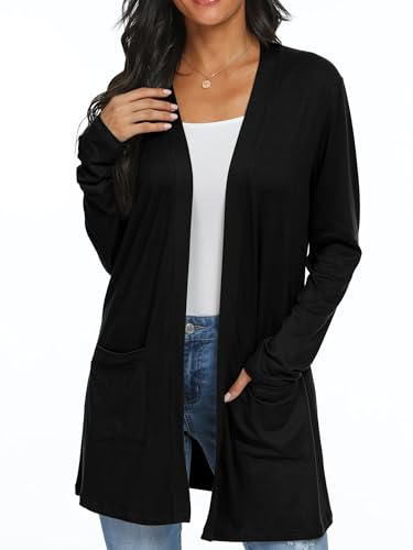 QIXING Casual Leichte Strickjacke Damen Lang Elegant Dünne Strickjacke Lange Ärmel mit Taschen Open Front Cardigan Damen Herbst