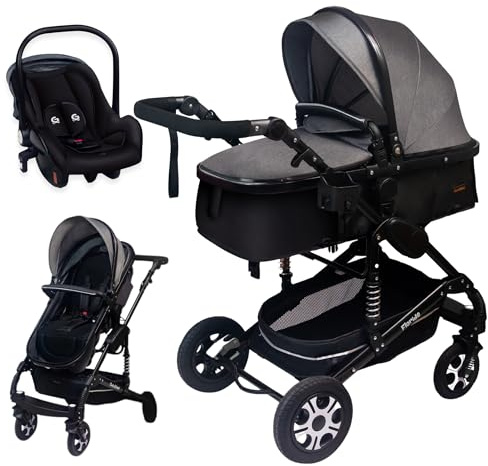 GaGaDumi Florida Kinderwagen 3 in 1 Komplettset mit Autositz - Baby Stroller TÜV - Kombikinderwagen Komplettset Voll-Gummireifen - Wickeltasche Grau/Schwarz