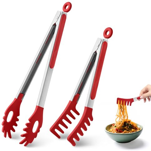2 Stück Spaghettizange, 22,9cm und 30,5cm Nudelzange Küchenzange Kochzange Grillzange Silikonzange mit Zähnen zum Servieren von Lebensmitteln,Kochen,Spaghetti,Salat (22.9cm+30.5cm-Rot oder Schwarz)