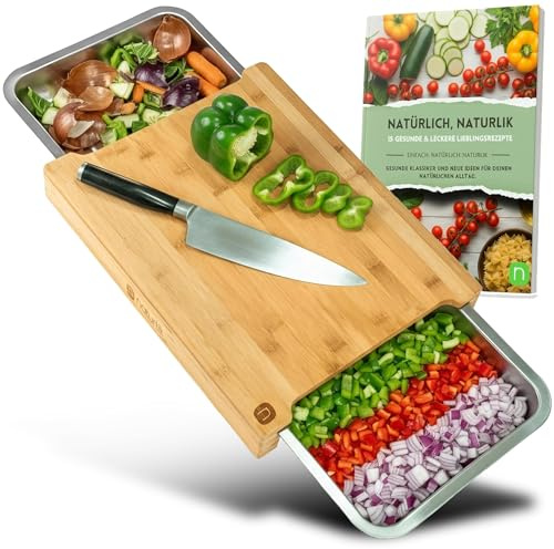 naturlik Schneidebrett XL mit magnetischen Auffangschalen - Hochwertiger Bambus - Schneidebrett mit Auffangschale - Schneidebrett Holz - Holzbrett Küche - Praktische Küchenhilfe - inkl. E-Book