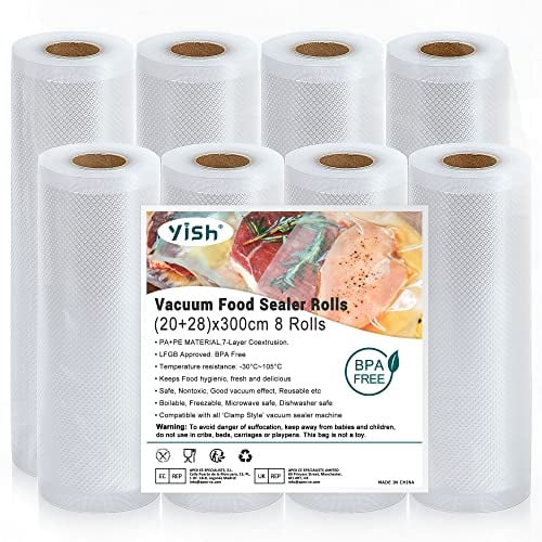 YISH Vakuumierbeutel Vakuumierfolie Vakuumbeutel Lebensmittel Vakumierfolienrollen：Vakuumbeutel für Sous Vide Folienrollen für Vakuumierer 8 Rollen 20/28x300cm Folien,BPA-Frei