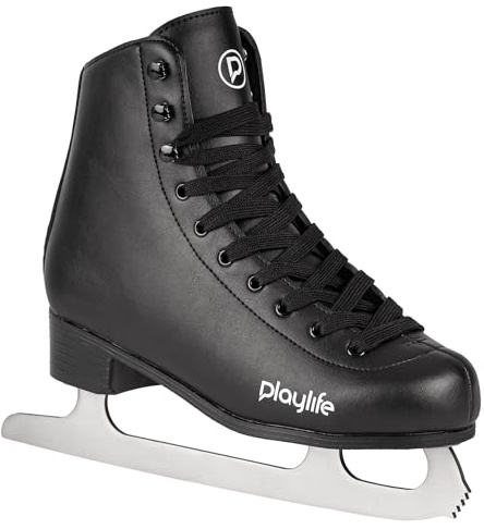 Playlife Classic Black Ice Skate – Schlittschuhe für Damen & Herren, wasserabweisendes Kunstleder, warmes Samtfutter, rostfreie 303-Edelstahlkufe, Komfort & Stabilität für Freizeit & Anfänger