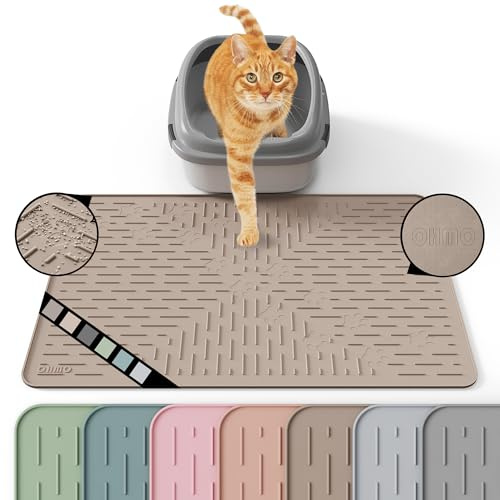 OHMO Katzenklo Matte Katzenstreu Matte Wasserdicht Silikon 60x40cm Beige | Urin&Wasserdichte Katzenmatte Katzenklo, Leicht zu reinigen, Rutschfeste Katzenmatte, Katzenstreumatte