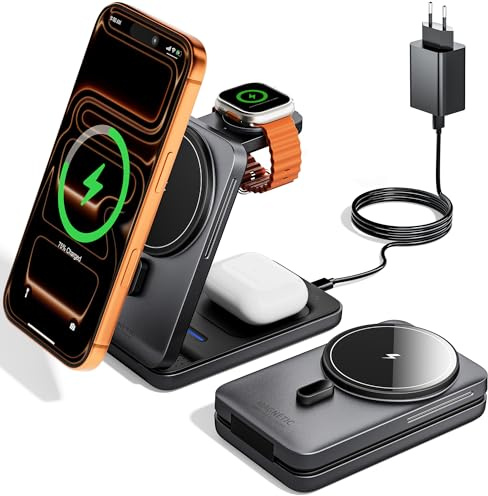 KPON Magsafe Ladestation für Apple Watch und iPhone, 3 in 1 Faltbares Magsafe Ladegerät Schnellladung Kompatibel mit iPhone 17-12, Apple Watch 11-2, AirPods, Reise & Büro, inkl. 20W Adapter