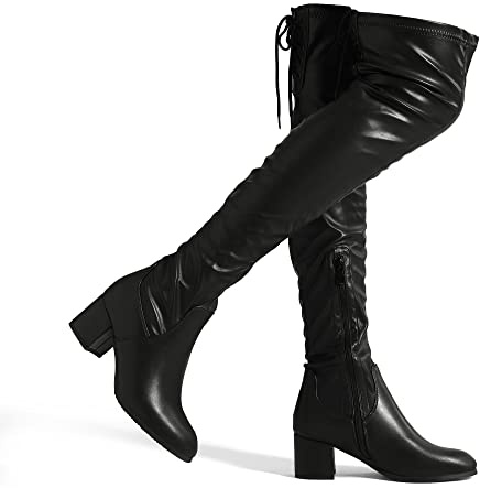DREAM PAIRS Damen Overknee Stiefel mit Blockabsatz | Rundzehen, 5.7cm Mittelhoher Blockabsatz, Latex-Innensohle, Atmungsaktives Futter, TPR-Laufsohle, Verstellbare Schnürung
