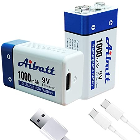 2 Stück 1000mAh 9V Lithium Akku,mit Ladeanschluss Typ C, Wiederaufladbare 6F22 Batterie für Mikrofon, Rauchmelder, elektronisches Spielzeug, Walkie-Talkie, Rauchmelder, 9V Blockbatterien.