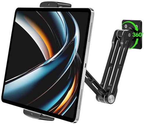 Julrrimg Tablet Wandhalterung, Aluminium Schwarz iPad Halterung Wand | 360 Grad drehbarer Arm, verstellbar und faltbar für iPhone, iPad, Küche, Homeoffice und 11,9‑33 cm Geräte