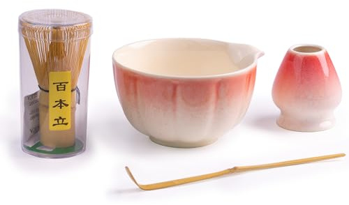 Myrthra Matcha Set - Matcha Tea Set 4 Piece Matcha Besen Set -Matcha-Besen, Matcha Filtersieb, Matcha-Schale mit Ausgießer, Chasen und Matcha Löffel, White and Pink
