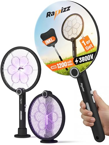 RAPIZZ Elektrische Fliegenklatsche Extra Stark - 3in1 Funktion & Gratis Mückenklatsche I Elektrischer Fliegenfänger Aufladbar Fliegenfalle elektrisch I Mückenschläger Electric fly swatter Mosquito Bat