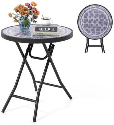 COSTWAY Beistelltisch klappbar, Kleiner Klapptisch, wetterfester Gartentisch, runder Balkontisch mit Tischplatte aus gehärtetem Glas für Balkon, Garten, Terrasse, 46 x 46 x 48 cm (Grau)