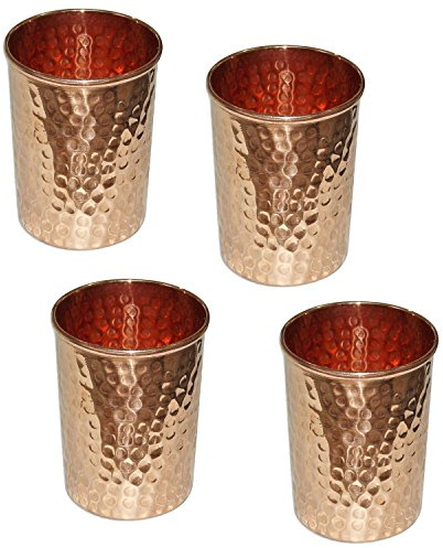 Copper Handgefertigte Becher aus reinem Kupfer für Wasser, Indienstil, Kupfer, 4 Stück