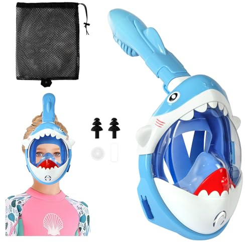 AOOSA Schnorchelmaske für Kinder, Shark Diving Mask, 180° Panoramablick, Tauchermaske Vollgesichtsmaske, CO2-sichere Schnorchelmaske, Anti-Beschlag und Trockenoberteil Schnorchel Vollmaske für Kinder