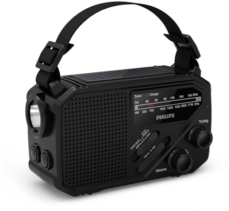 Philips TAR1659 Tragbares FM/AM Radio mit integriertem wiederaufladbarem Akku, AAA-Batterie & Kurbel-Notstrom, Solarenergie, eingebautem LED-Licht & Taschenlampe für Camping, Wandern & Stromausfälle