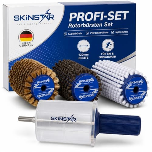 SkinStar Rotorbürste Ski Bürste Kupferbürste Rosshaar Nylon Skibürste Set | Für Akkuschrauber und Bohrmaschine, mit Zusatzgriff und Arbeitsschutz, 120 mm Walzen für Ski und Snowboard